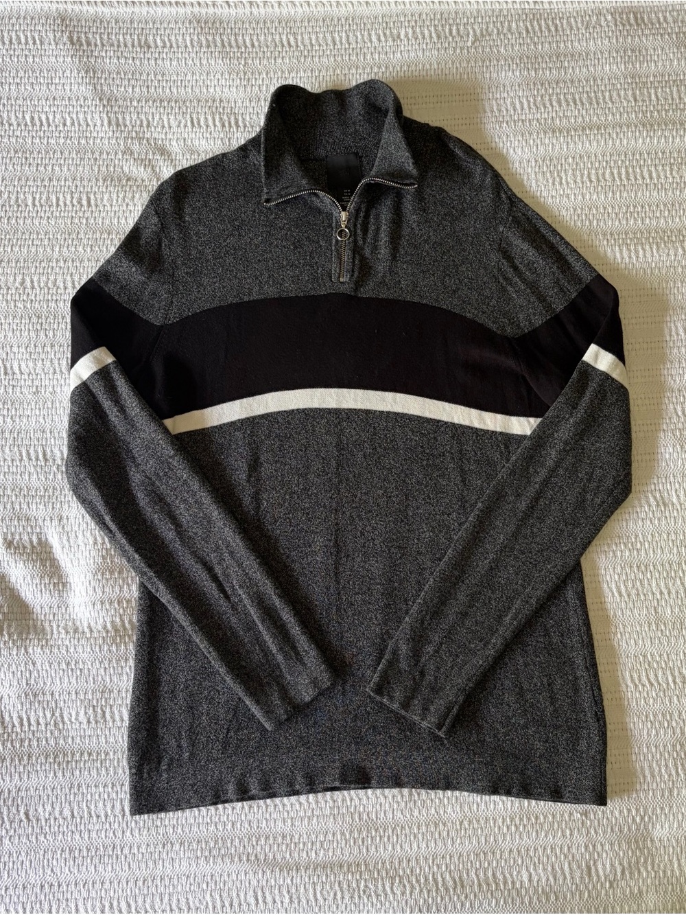 H&M Men's Dark Gray Zip-Up Sweater with Black & White Stripe